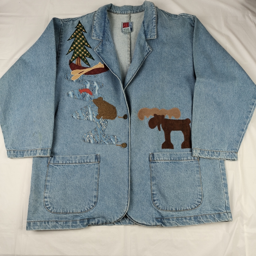 Vintage DISTRESSED Denim Blazer Folk Art Applique Sun Belt Denim Size L Animals
